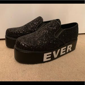 TUK black sparkle platforms loafers wedges